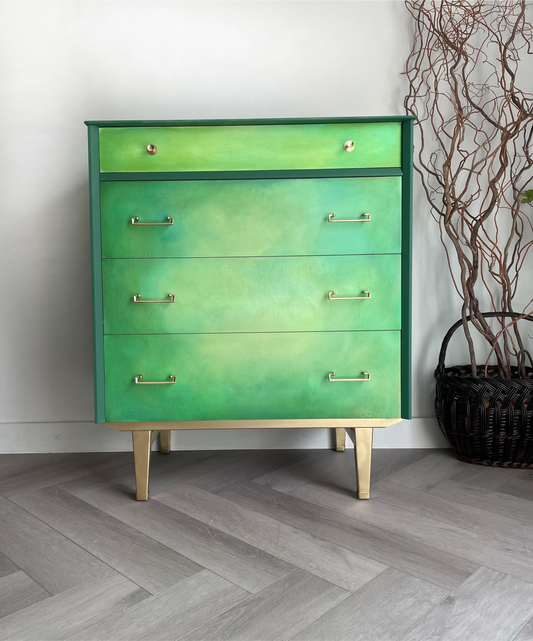 Mid Century Chest of Drawers Hand Painted Green With Gold Legs