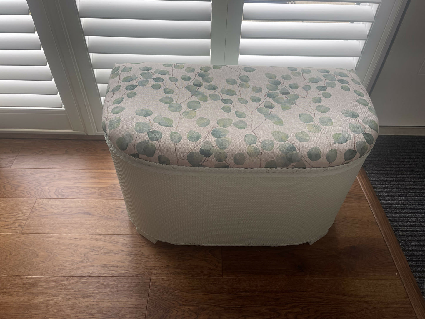 Midsize lovingly repainted and reupholstered mid century Ottoman. Light green paint and updated material.