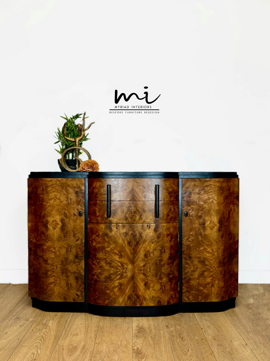 Refinished Art Deco Burl Walnut and Black Sideboard, drinks cabinet, 1930s, buffet