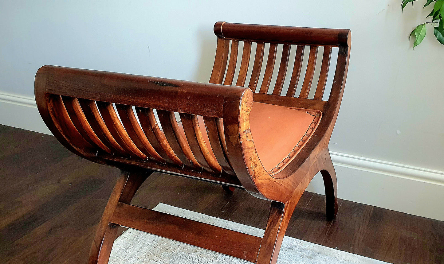 Vintage Carule Stool/Seat Indonesian Teak, Leather Padded Seat Cushion A Beauty!