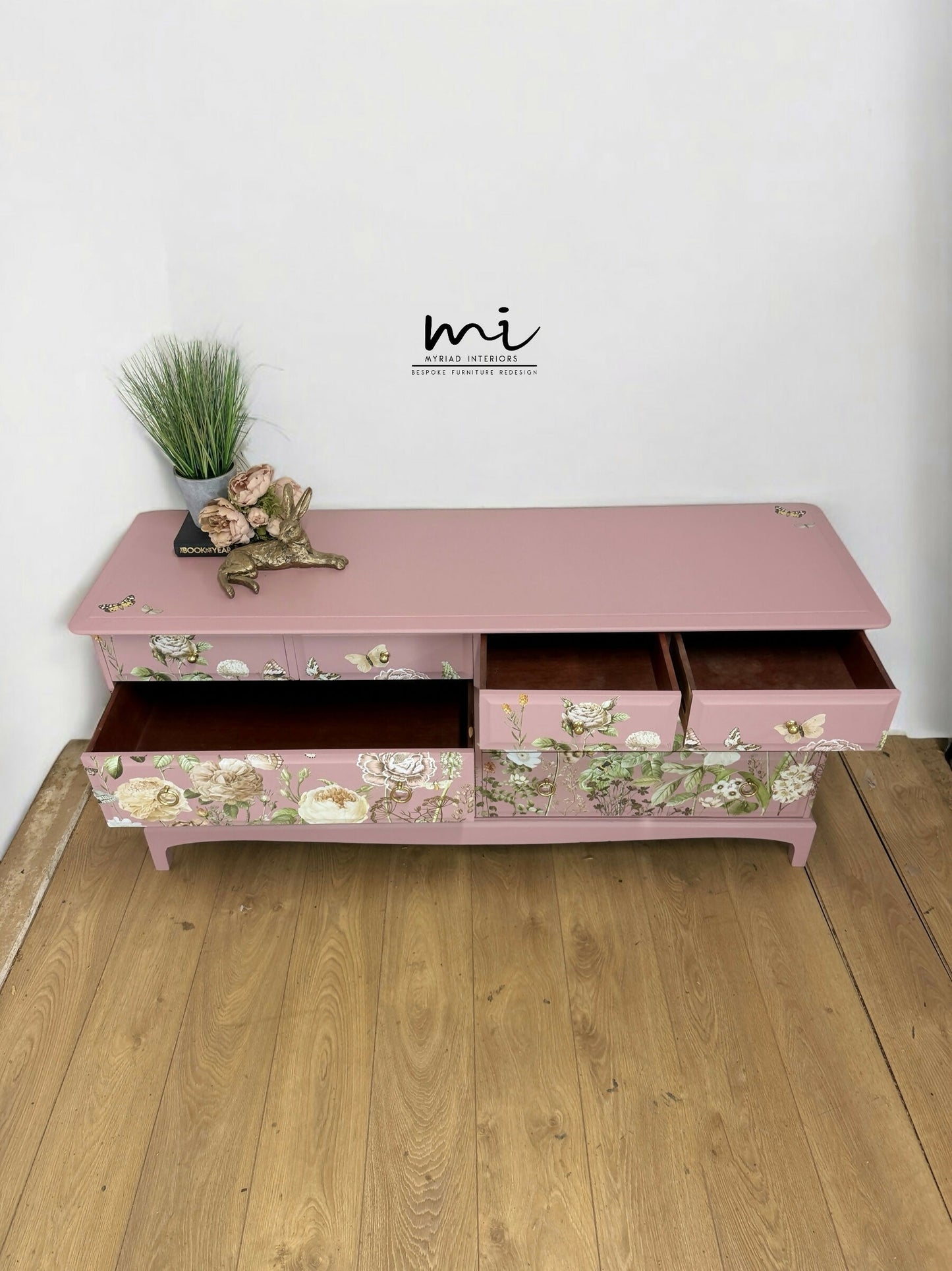 Refinished Stag Minstrel Captains Chest Of Drawers In Dusky Pink With Floral Design, large drawers, sideboard