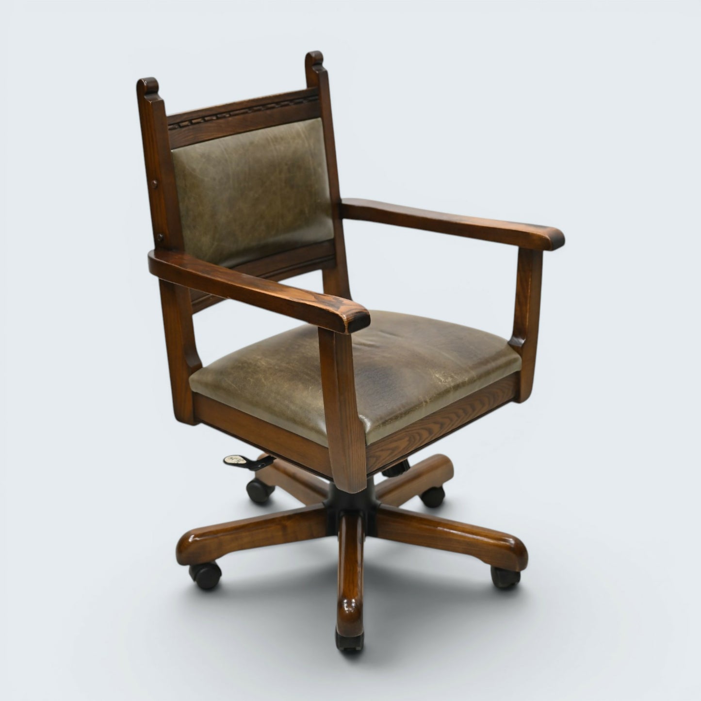Vintage Wood Bros Old Charm Captains Office Chair Green Hide Leather Swivel Tilt