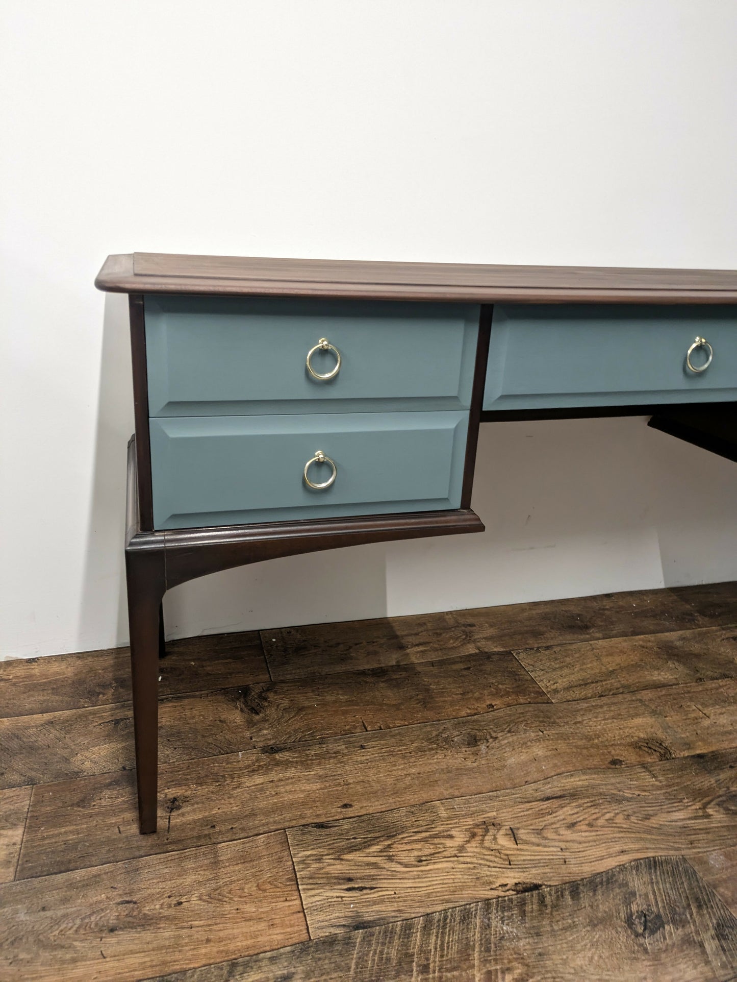 Vintage Stag Minstrel Dressing Table, Desk Dark Wood and Green Blue. Painted Upcycled Furniture