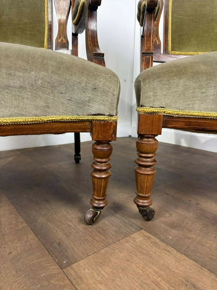 Pair Of Victorian Rosewood Inlaid Armchairs with Green Velvet Upholstery
