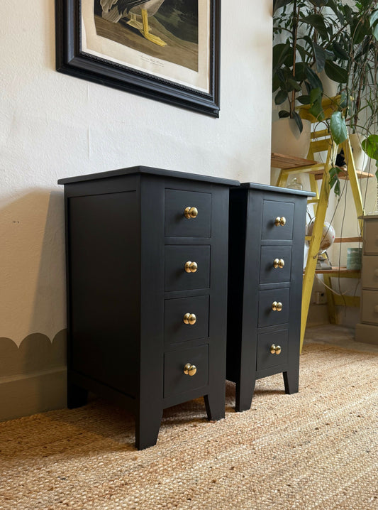 Newly refurbished pair of bedside drawers cabinets tables black nightstands solid wood tall