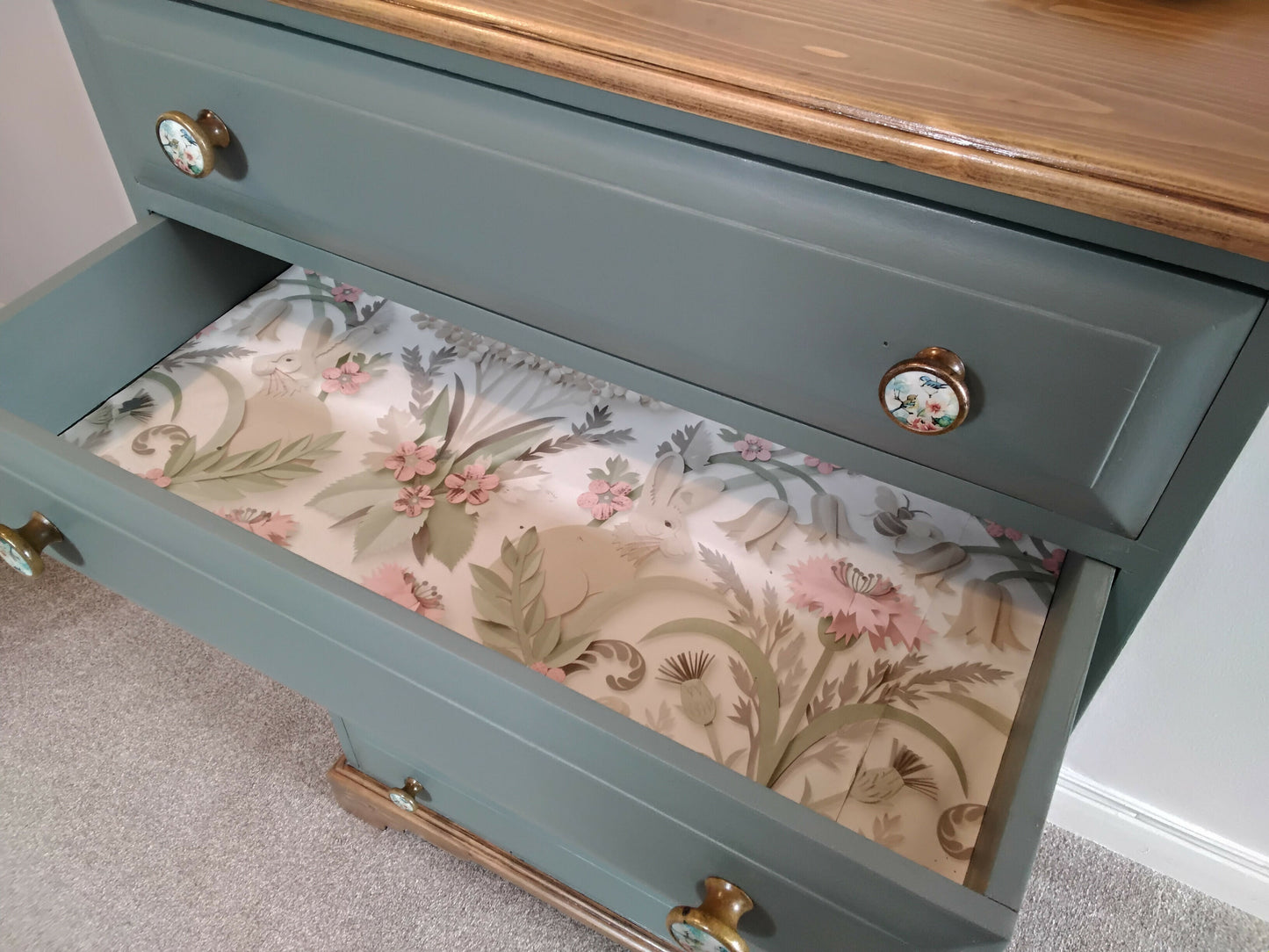 Vintage Chest Of 6 Drawers Sage Green Beautiful Bird Handles