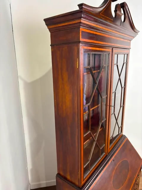 Edwardian Sheraton Style Inlaid Mahogany Bureau Bookcase