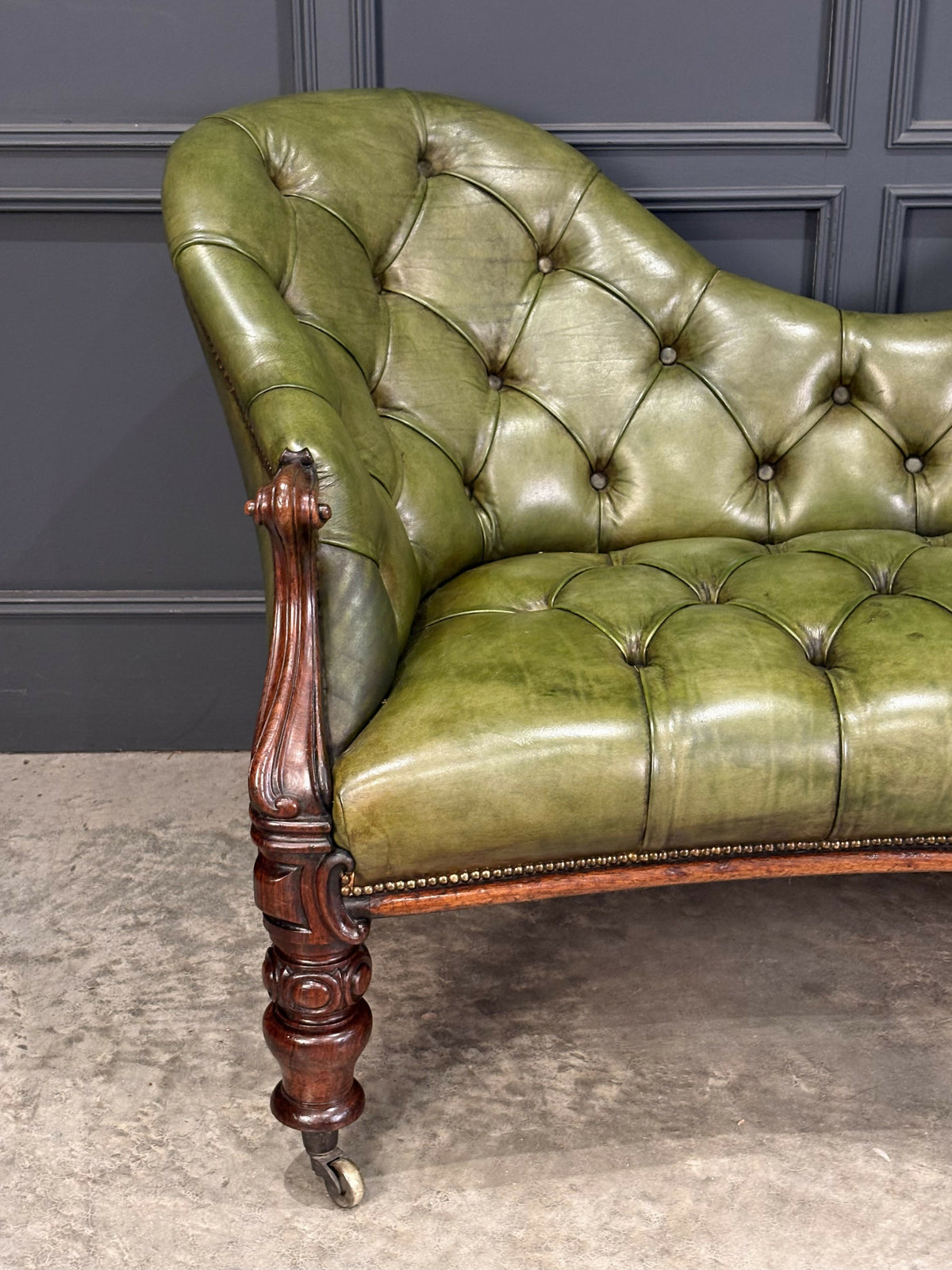 Vintage Victorian Green Buttoned Leather Double Spoon Back Sofa