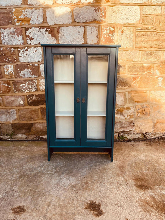 Vintage Glazed Display Cabinet | Hand Painted Teal Green Cupboard | Upcycled Wooden Bookcase | Cottage Kitchen Storage