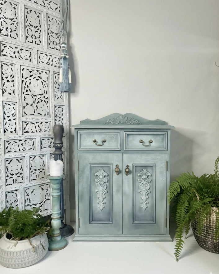 Vintage Solid Pine Cabinet | Hand Painted Duck Egg Blue Cupboard | Floral Decoupage Interior | UK Delivery Included
