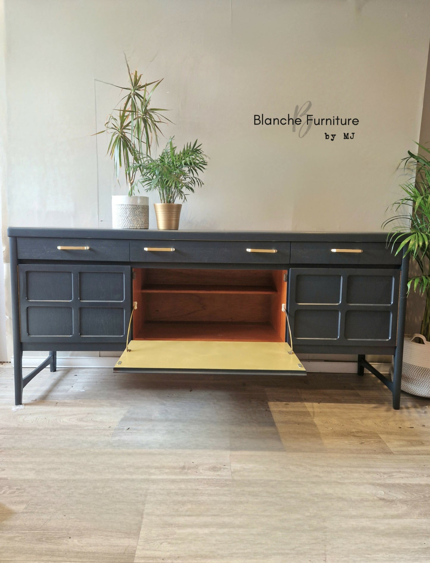 Large Mid Century Nathan Sideboard in Grey and Gold Handles