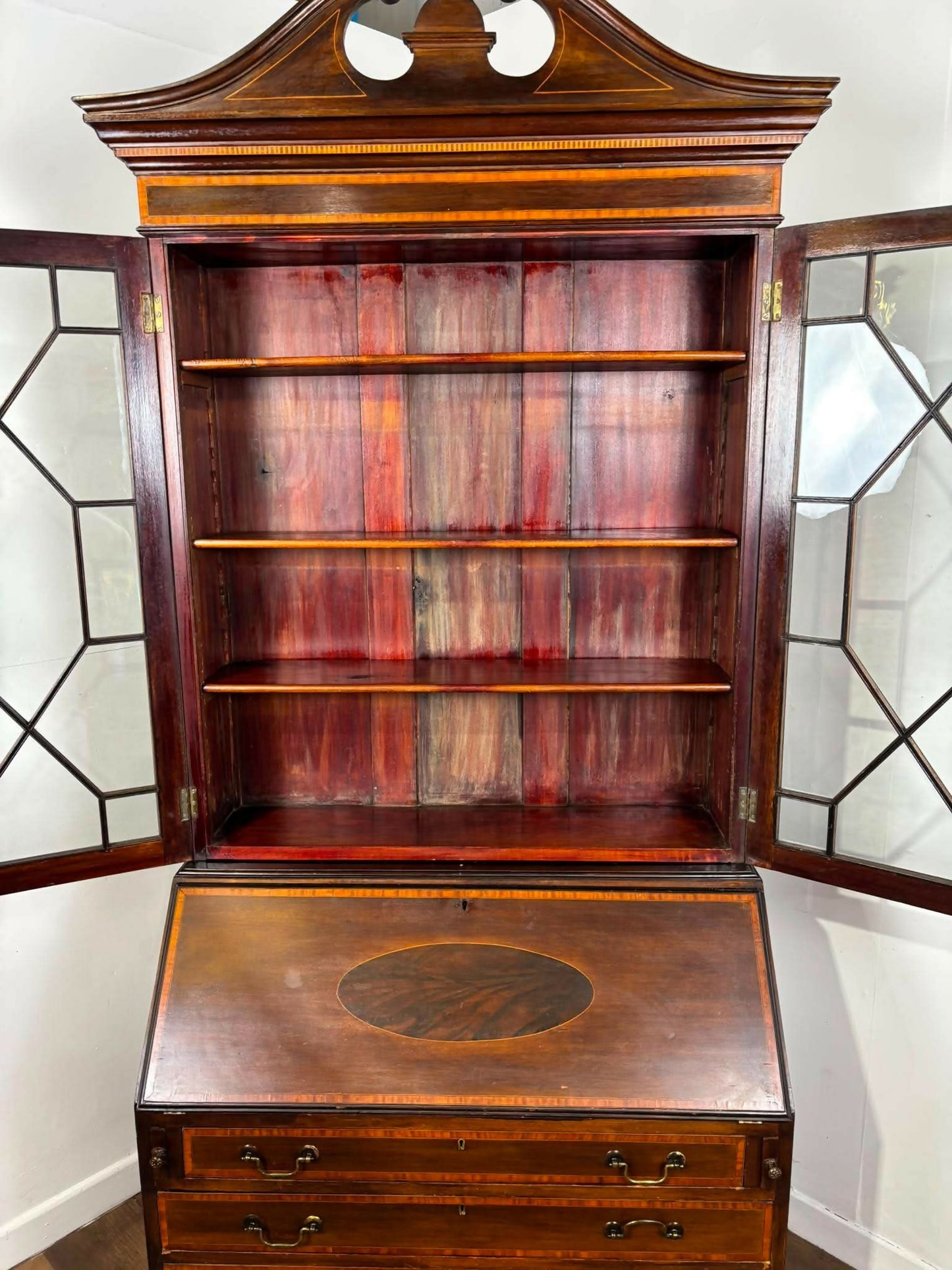 Edwardian Sheraton Style Inlaid Mahogany Bureau Bookcase