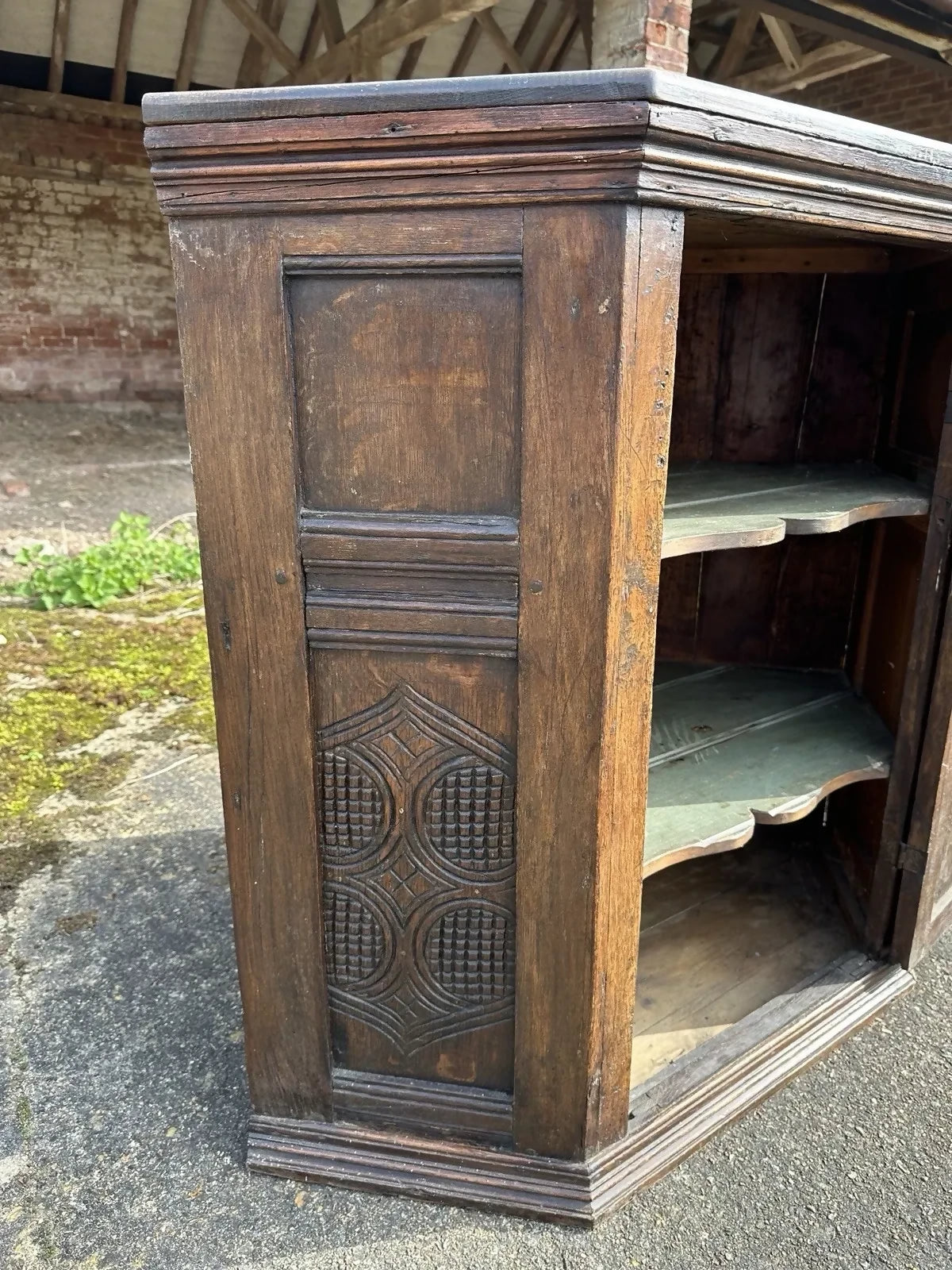 Antique Ecclesiastical Carved Oak Corner Kitchen Pantry Storage Cupboard