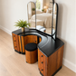 Refinished burl walnut and black Art Deco dressing table set with stool and mirror. Circa 1930 dresser, chest of drawers, art nouveau