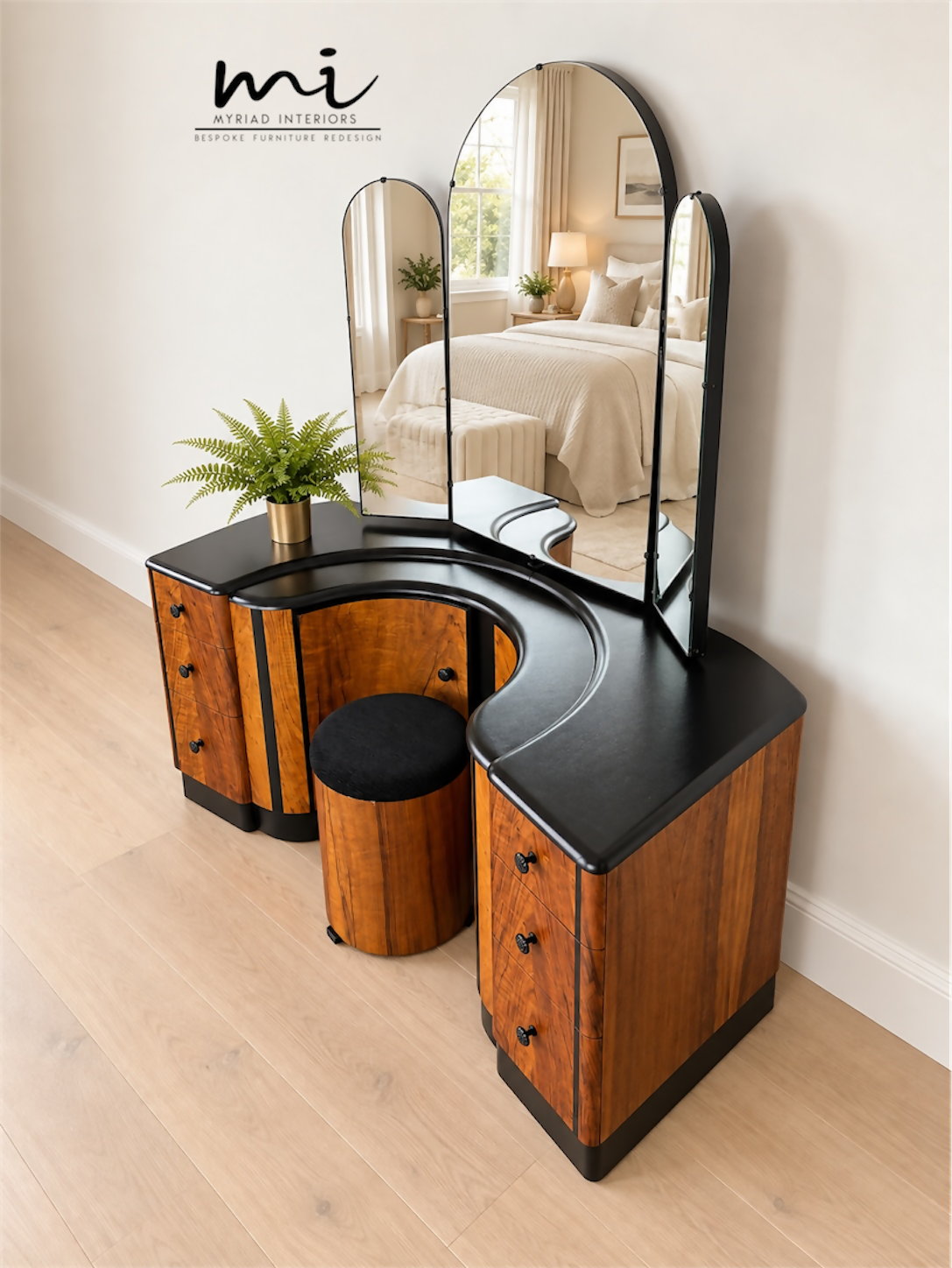 Refinished burl walnut and black Art Deco dressing table set with stool and mirror. Circa 1930 dresser, chest of drawers, art nouveau