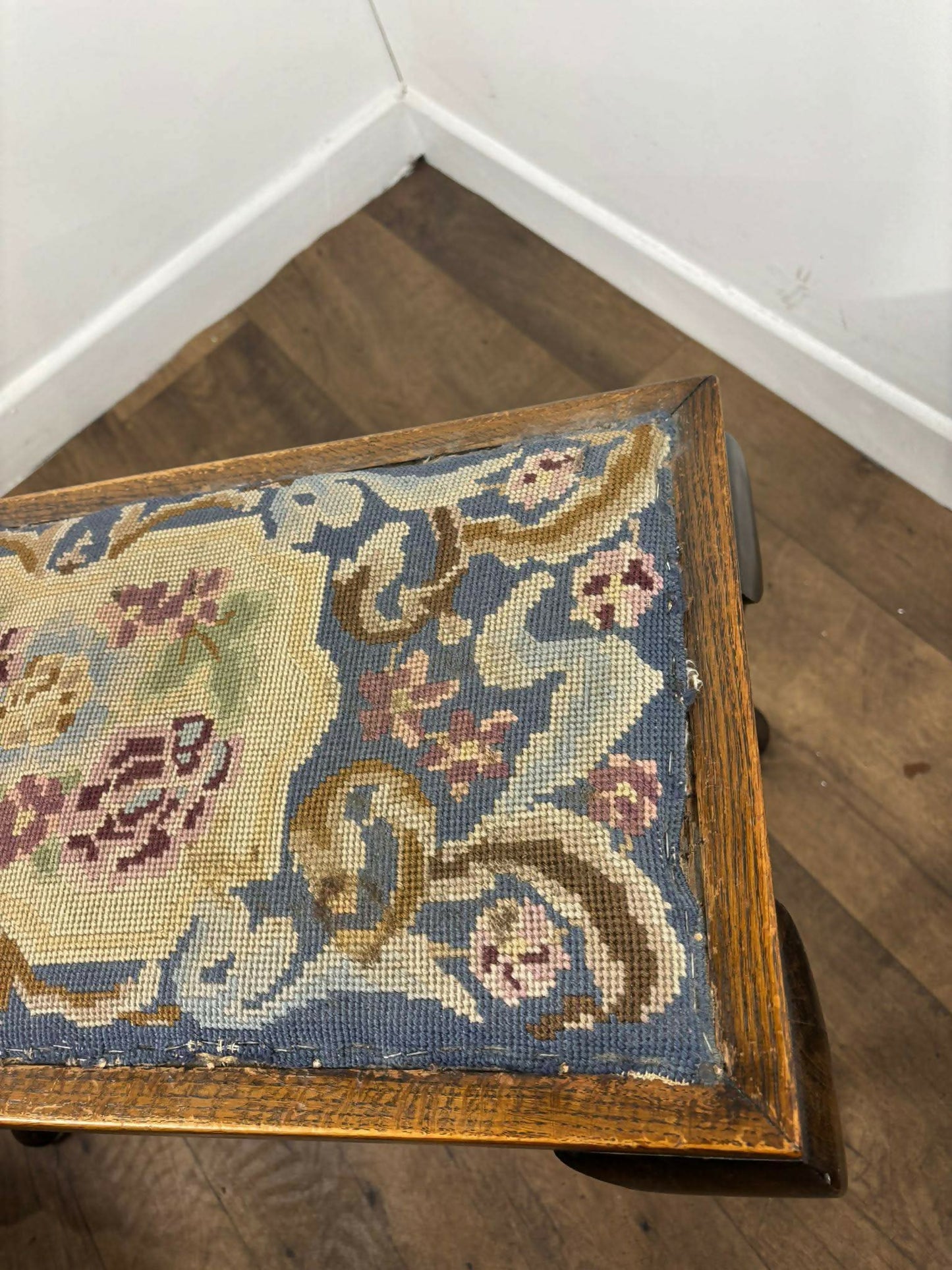 Vintage Oak Stool With Floral Tapestry Top