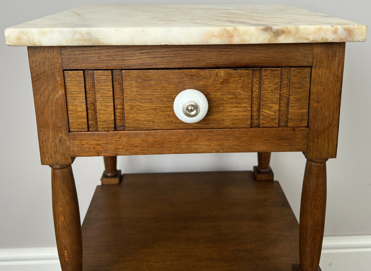 Pair of Bedside Tables Antique French Marble Top Oak Carved Cabinets LOT 6182