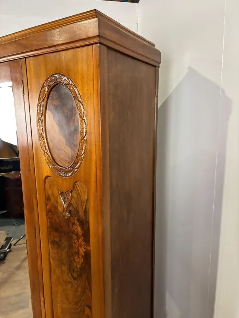 Edwardian Walnut Single Door Mirrored Wardrobe with Carved Panels