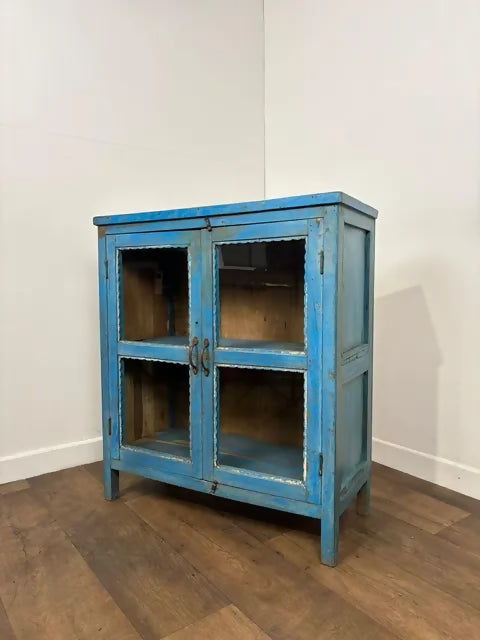 Rustic Reclaimed Wood Indian Blue Display Cabinet