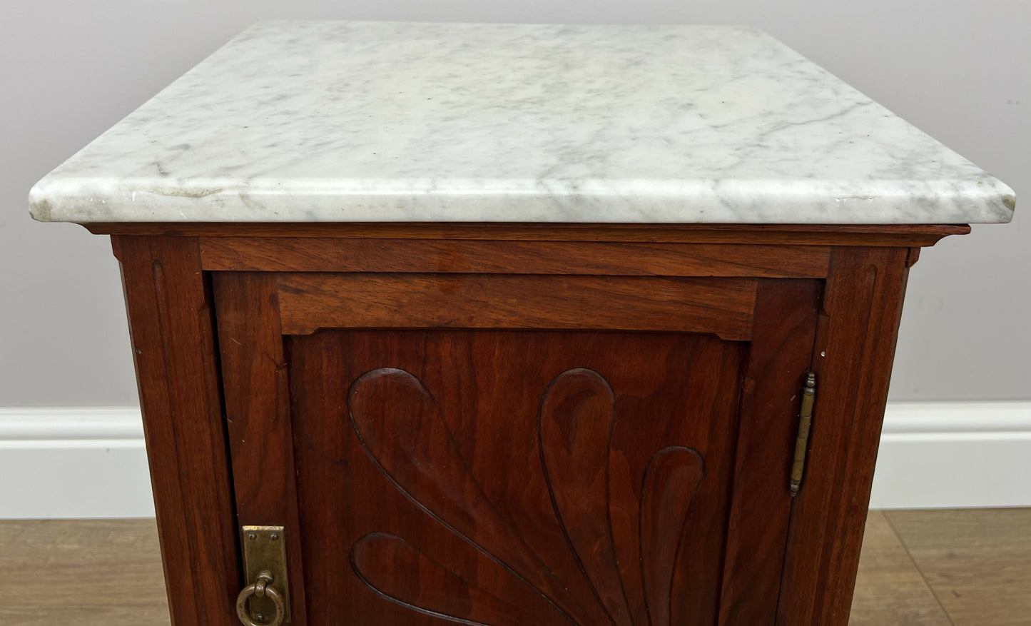 Bedside Table Antique French Style Marble Top Walnut Cabinet Nightstand LOT 6237