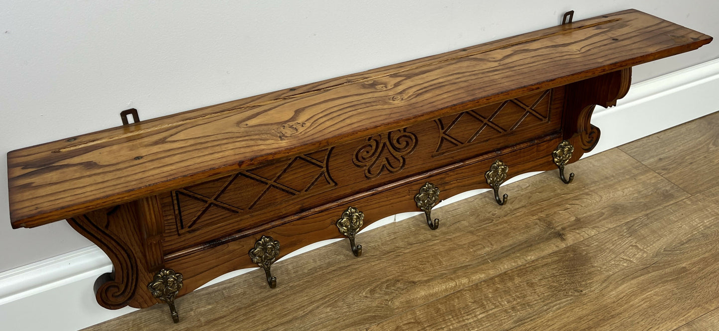 Coat Rack Vintage French Oak Wall Mounted 6 Hooks Carved Rack Hanger LOT 6208