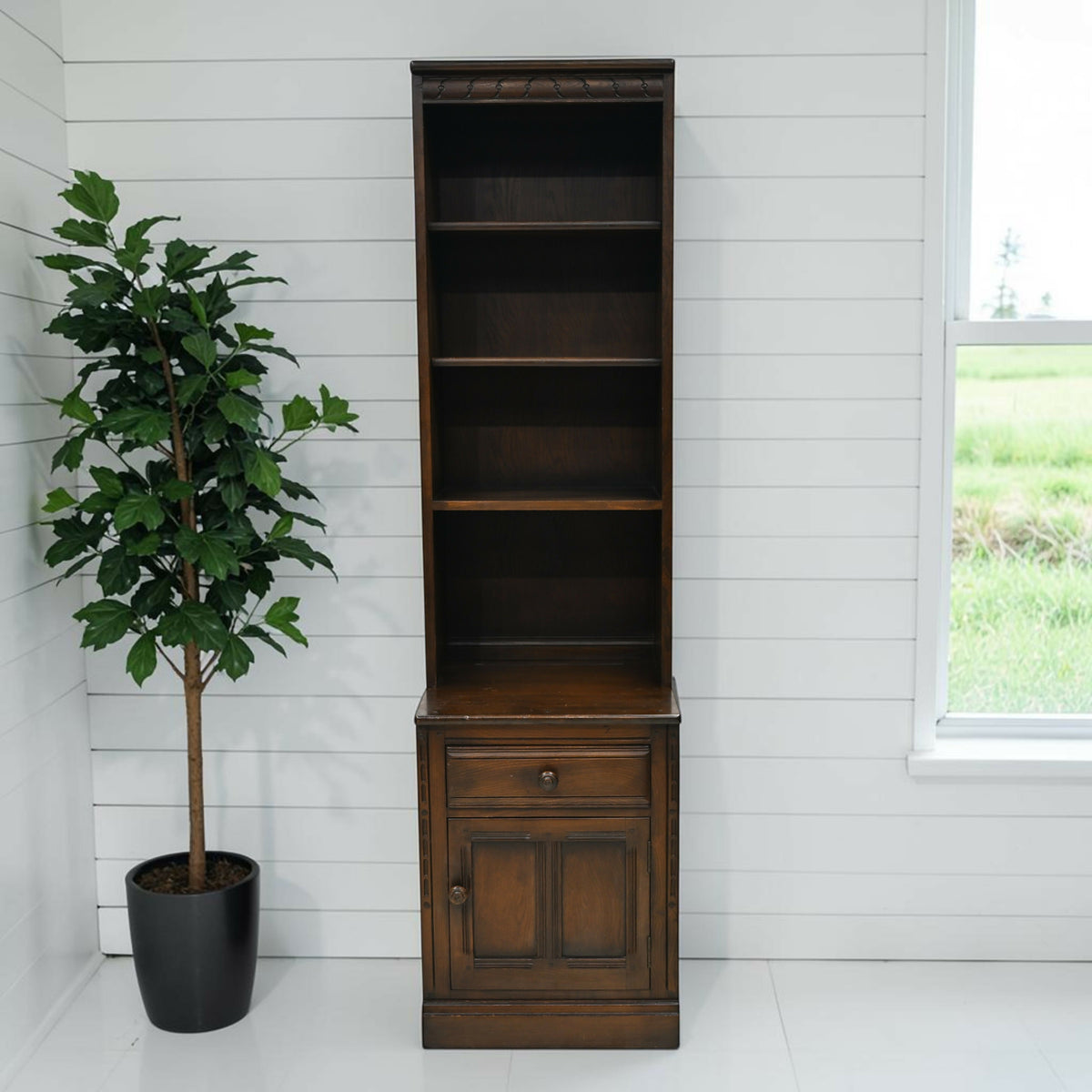 Ercol Narrow Mural Bookcase 3 Shelves Cupboard & Drawer Dark FREE UK Delivery*