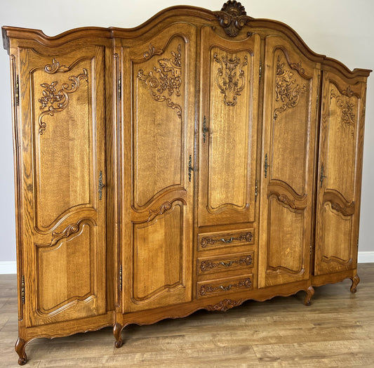 Wardrobe Vintage French Louis XVI Style Five Door Oak Carved Armoire LOT 6125