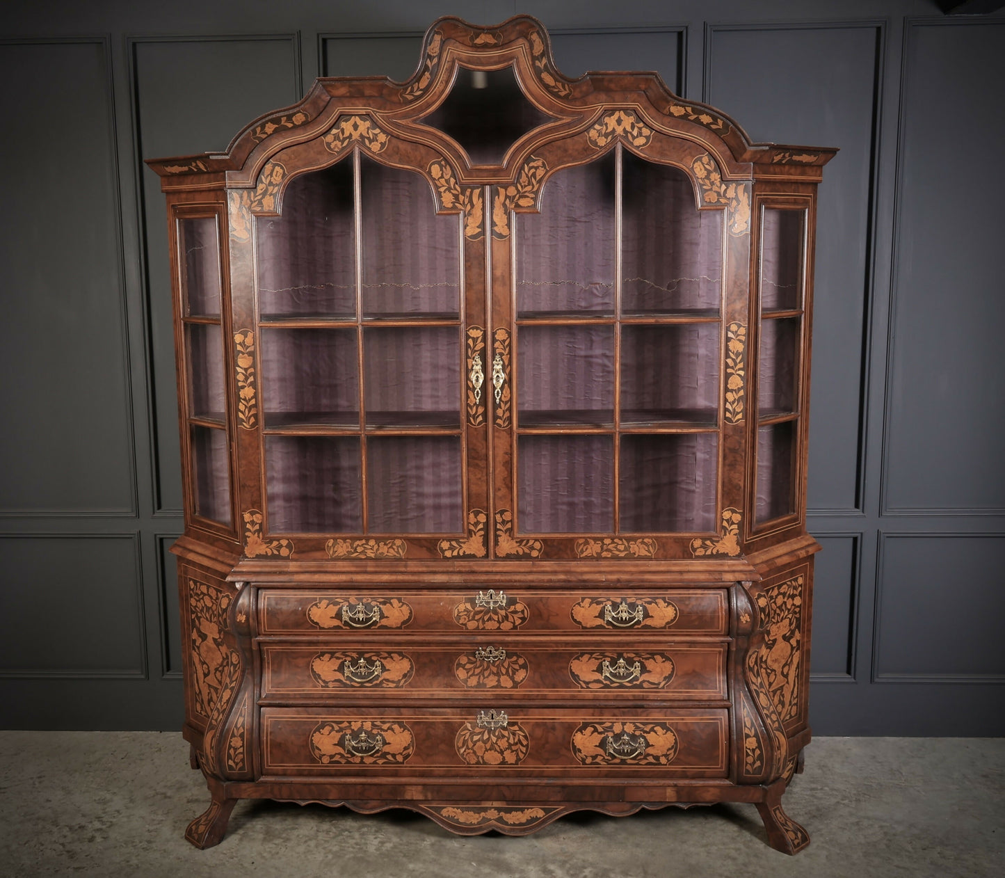 Large Marquetry Inlaid Walnut Bombe Shaped Vintage Cabinet