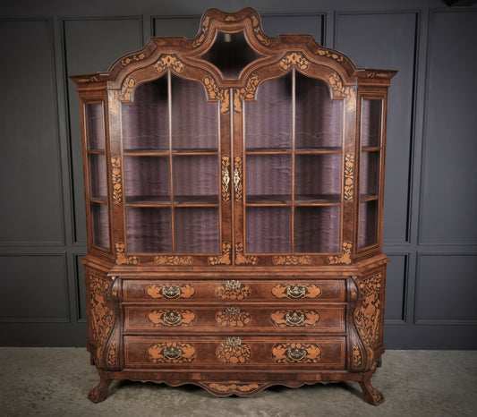 Large Marquetry Inlaid Walnut Bombe Shaped Vintage Cabinet