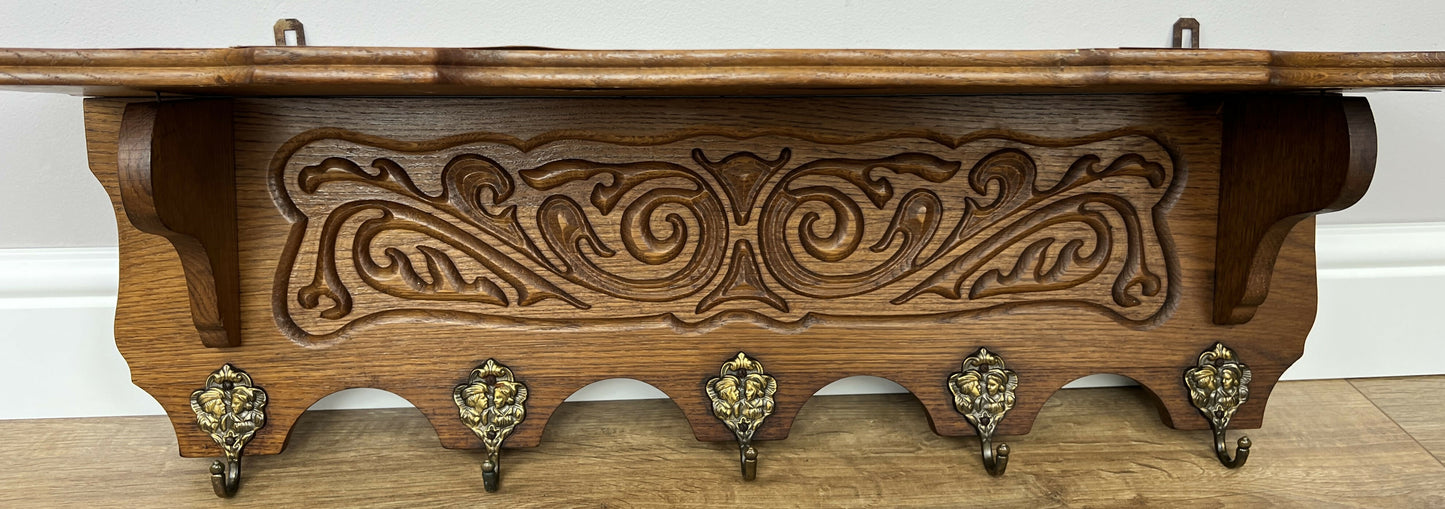 Coat Rack Vintage French Oak Wall Mounted 5 Hooks Carved Rack Hanger LOT 6204