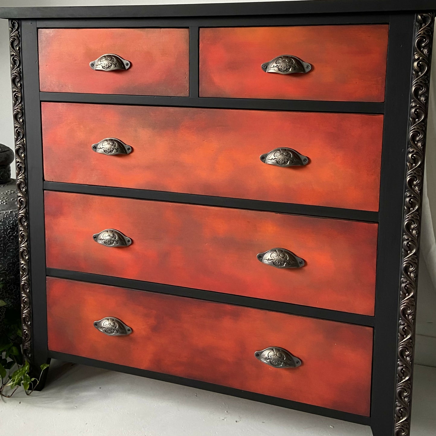 Tall chest of drawers, orange, red black