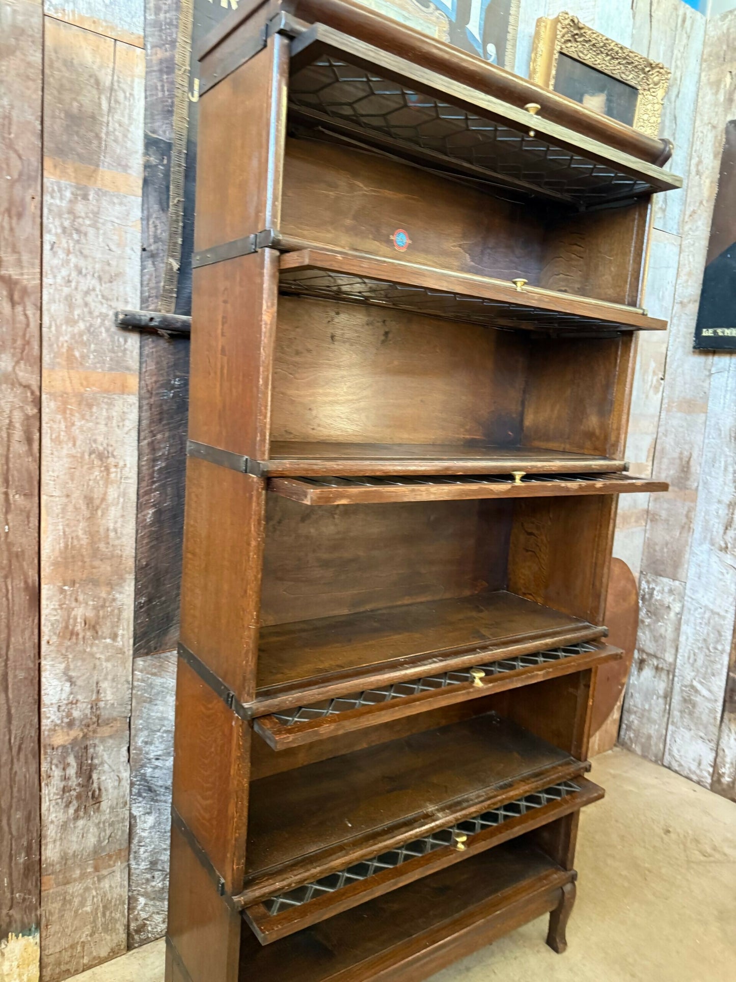 Antique Globe Wernicke Oak Five Stacking Modular Barristers Solicitors Office Glazed Bookcase Cabinet, c1930