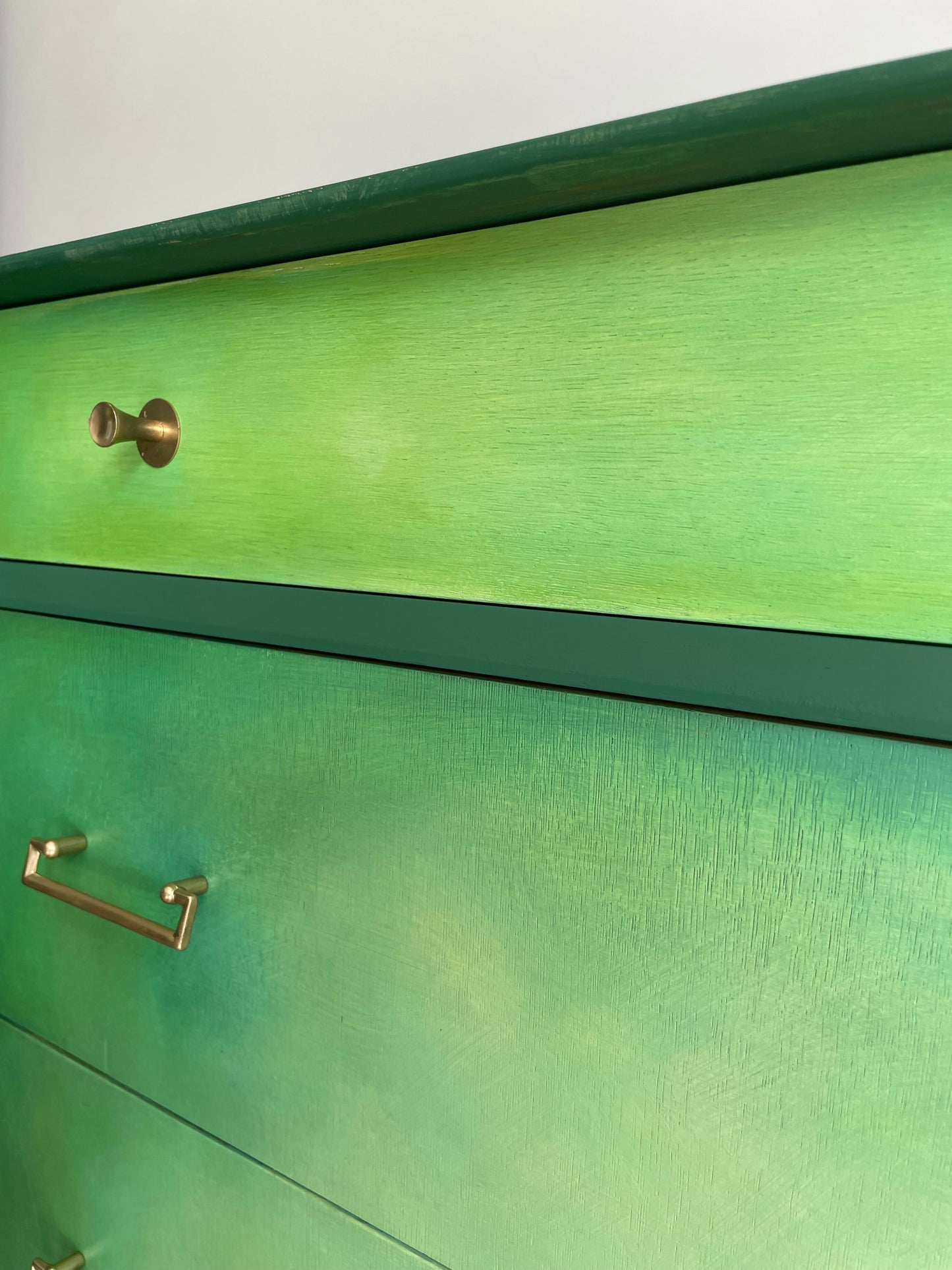 Mid Century Chest of Drawers Hand Painted Green With Gold Legs