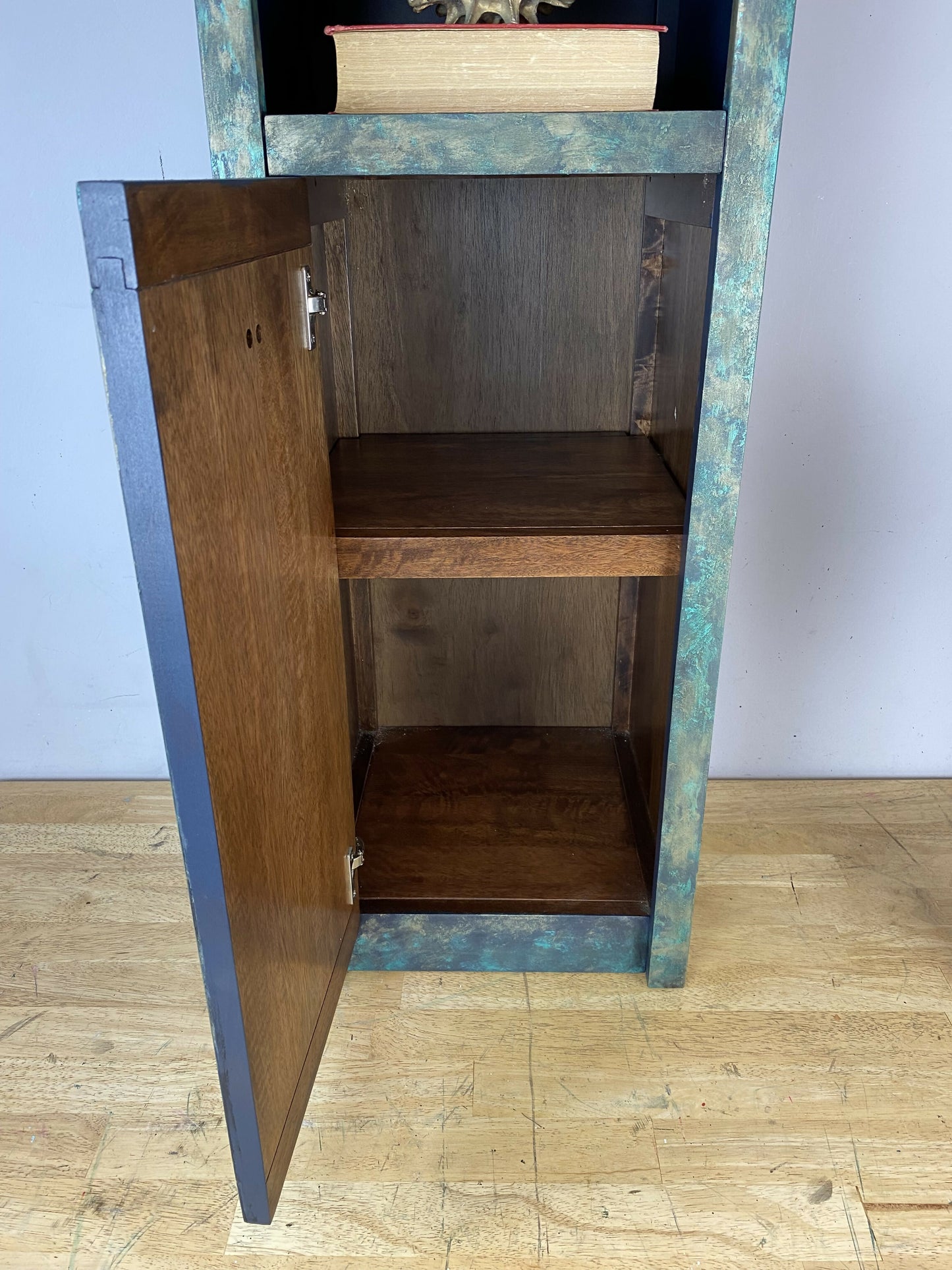 Funky rust effect tall cupboard, lamp table, slim storage cupboard