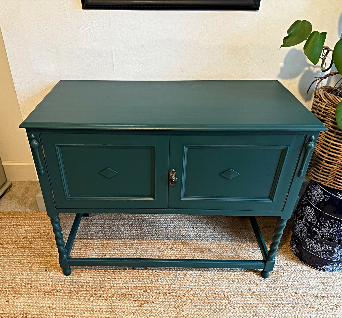 Newly refurbished Jacobean sideboard can sole table oak green antique