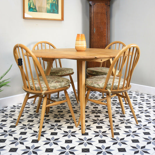 Four Ercol Windsor 370 Dining Chairs with n Elm Ercol Drop Leaf Dining Table