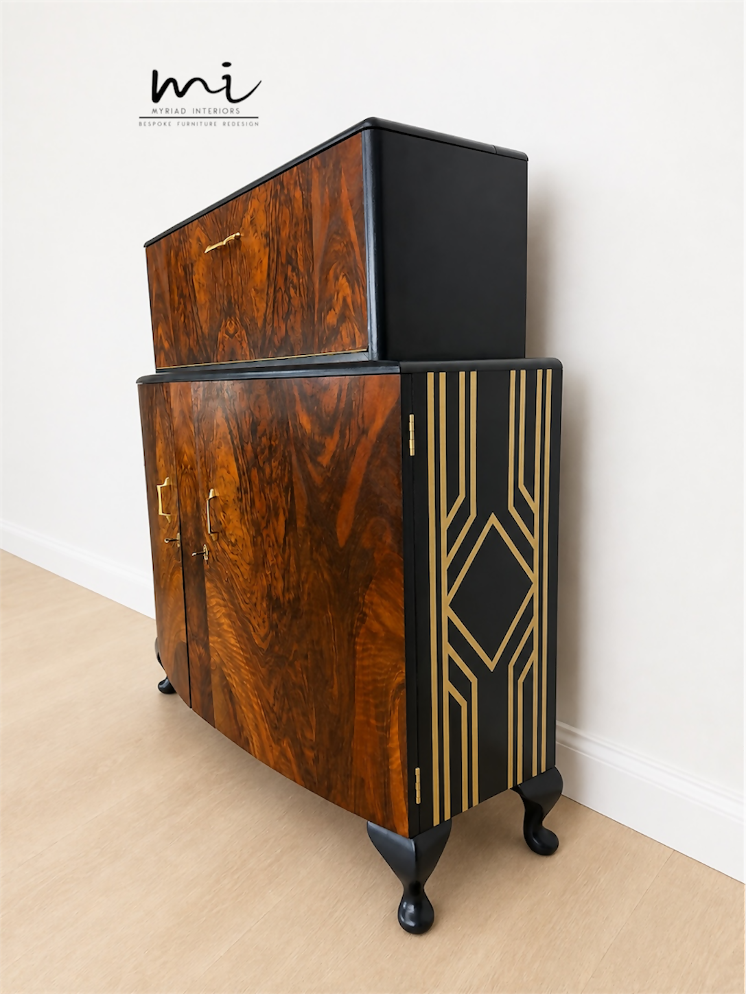 Navy Blue and Gold Art Deco Walnut Drinks Cabinet, cocktail cabinet, 1930s, vintage bar, sideboard, refurbished