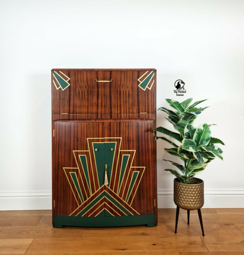 Art Deco Cocktail Cabinet | Green & Gold | Restored Vintage Drinks Cabinet