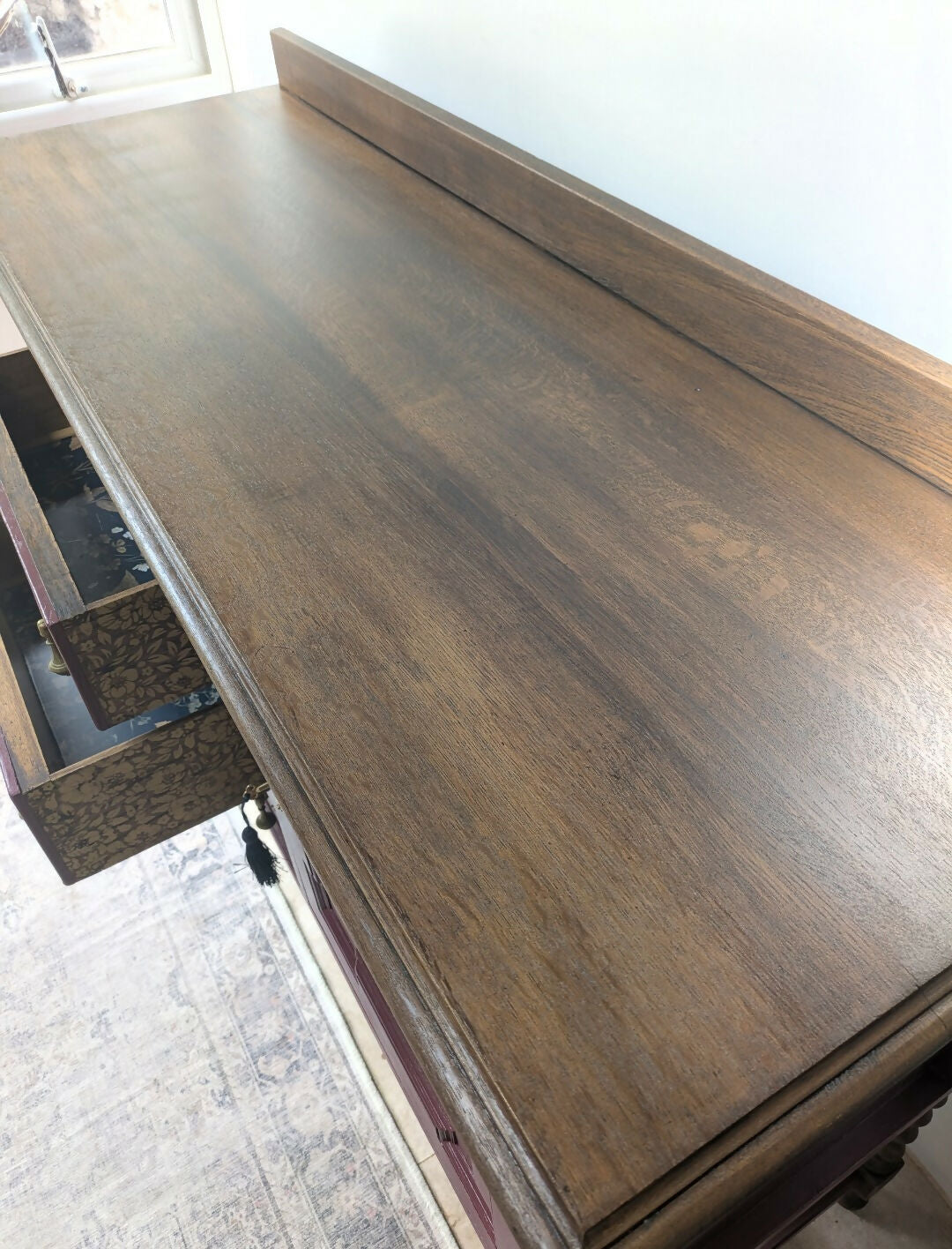 Refinished Jacobean Revival Solid Oak Sideboard, Burgundy Red Painted Buffet, Winchester Fusion Mineral Paint