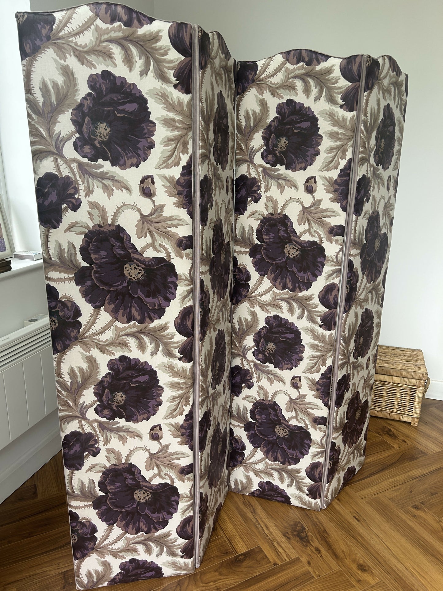 Vintage Reupholstered four- panel Room Divider/ Dressing Screen in Bernard Nevill Fabric