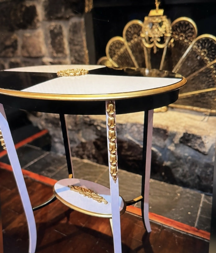 French-Style Oval Side Table - Blush Pink, Black & Gilt Geometric Design
