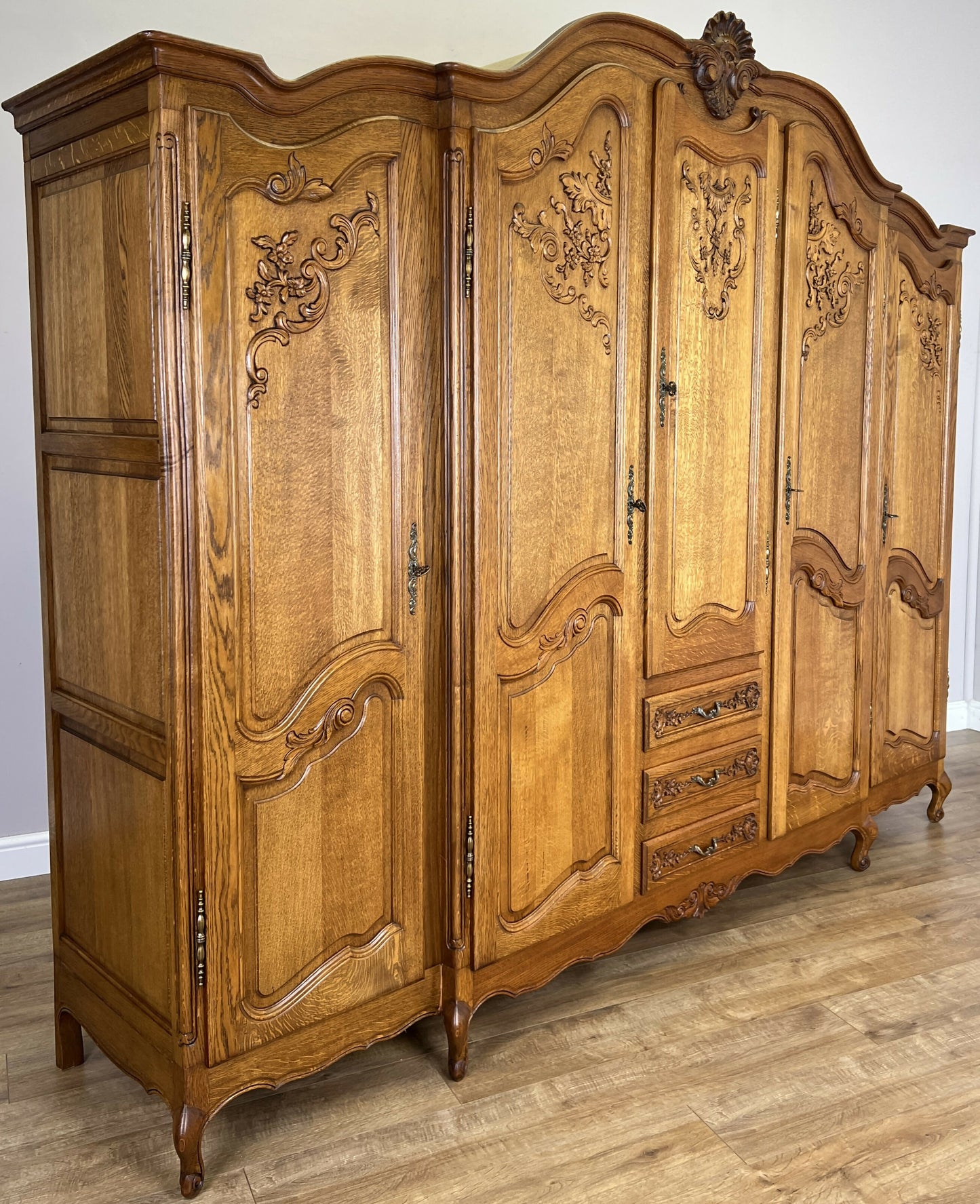 Wardrobe Vintage French Louis XVI Style Five Door Oak Carved Armoire LOT 6125