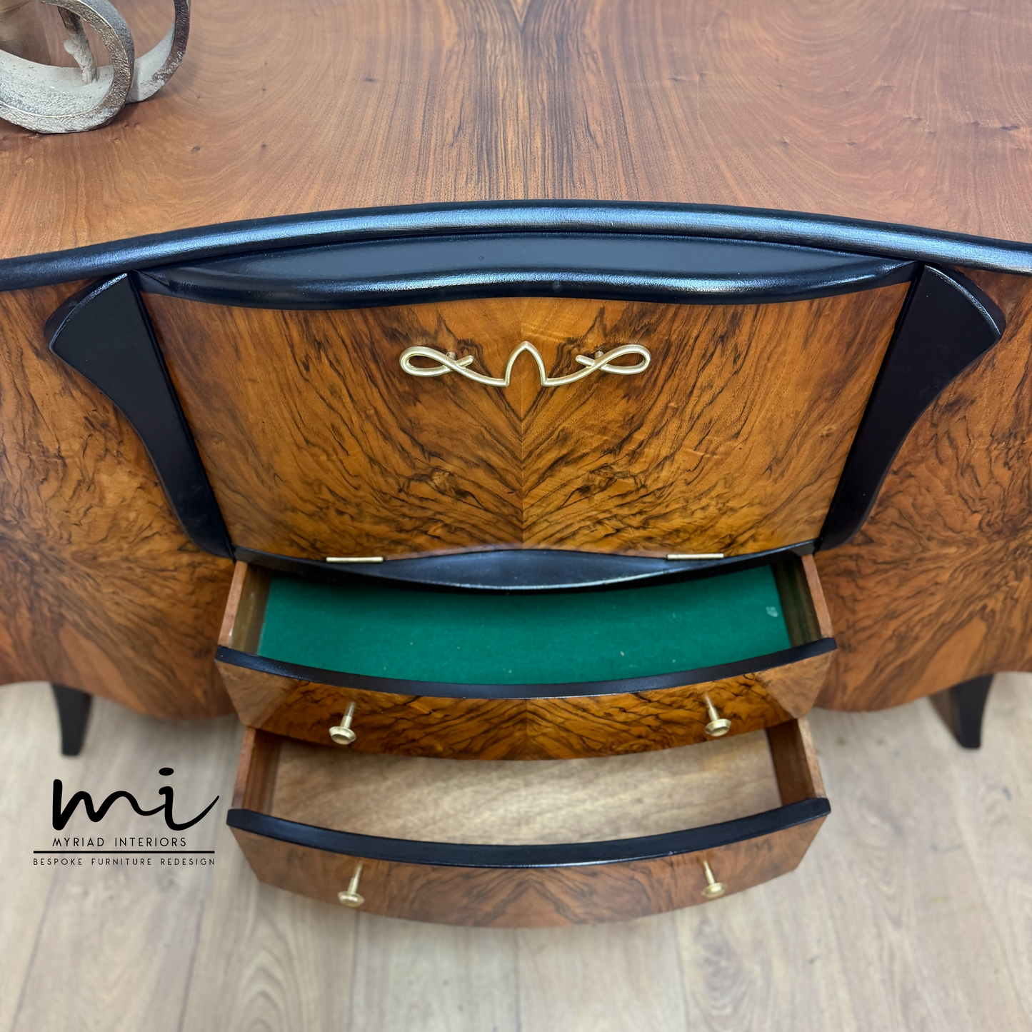 Refinished Art Deco Stonehill cocktail cabinet in black, hand painted, vintage drinks cabinet, gin bar, burr walnut, sideboard