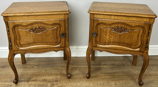 Pair of Bedside Tables Vintage French Louis Oak Nightstands Cabinets LOT 6214