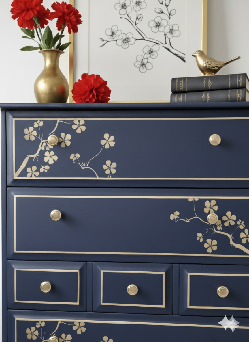 Nay and gold stag minstrel tall boy chest of drawers