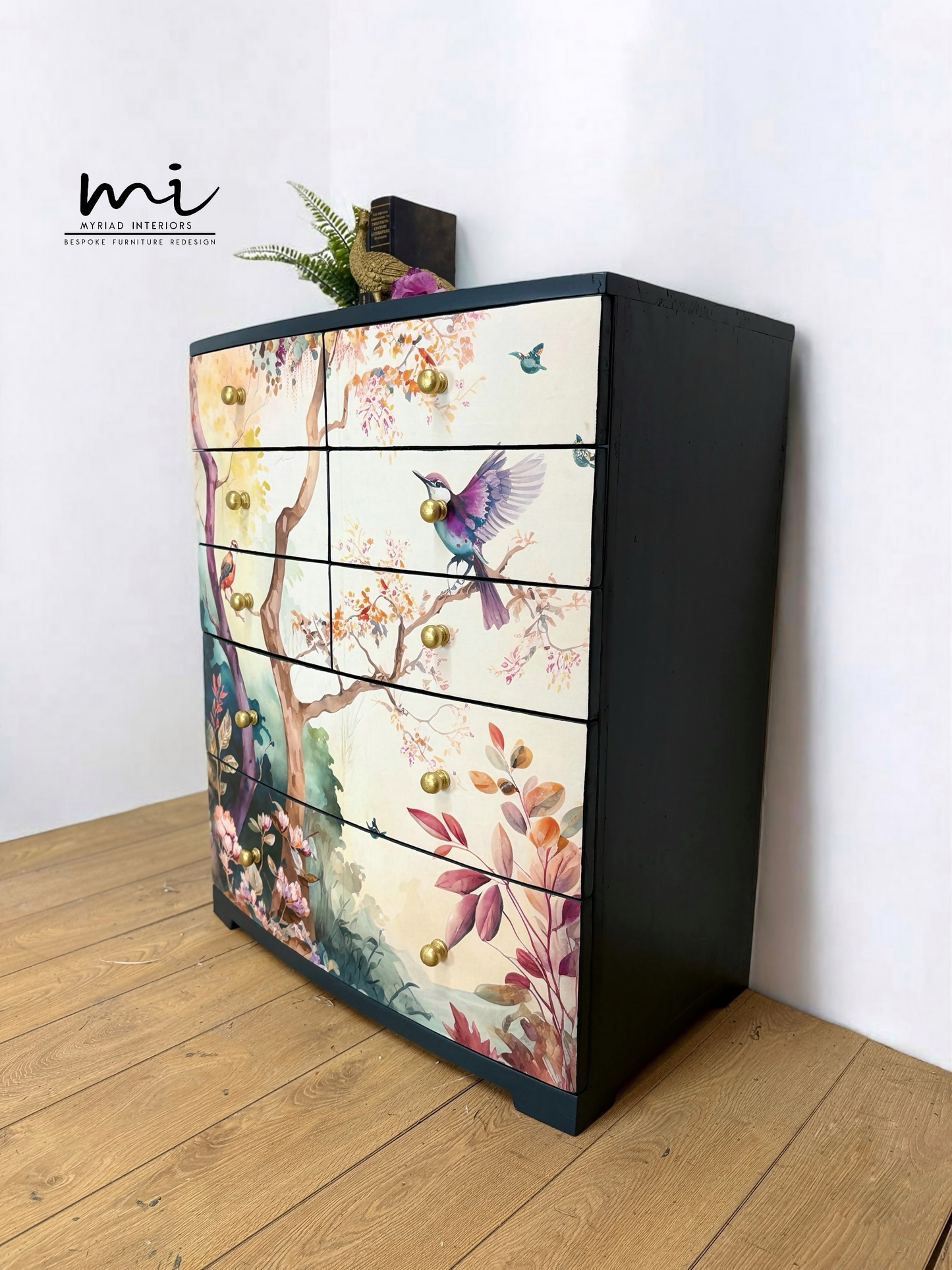 Beautiful watercolour floral mural extra large chest of drawers in a deep teal navy blue. Solid wood, botanical sideboard