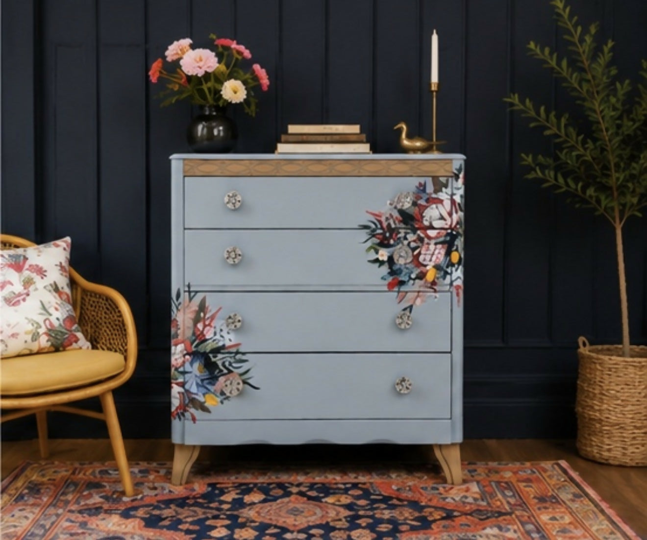 Harris Lebus Vintage Chest Of Drawers Painted Pale Blue with Floral Transfers Botanical