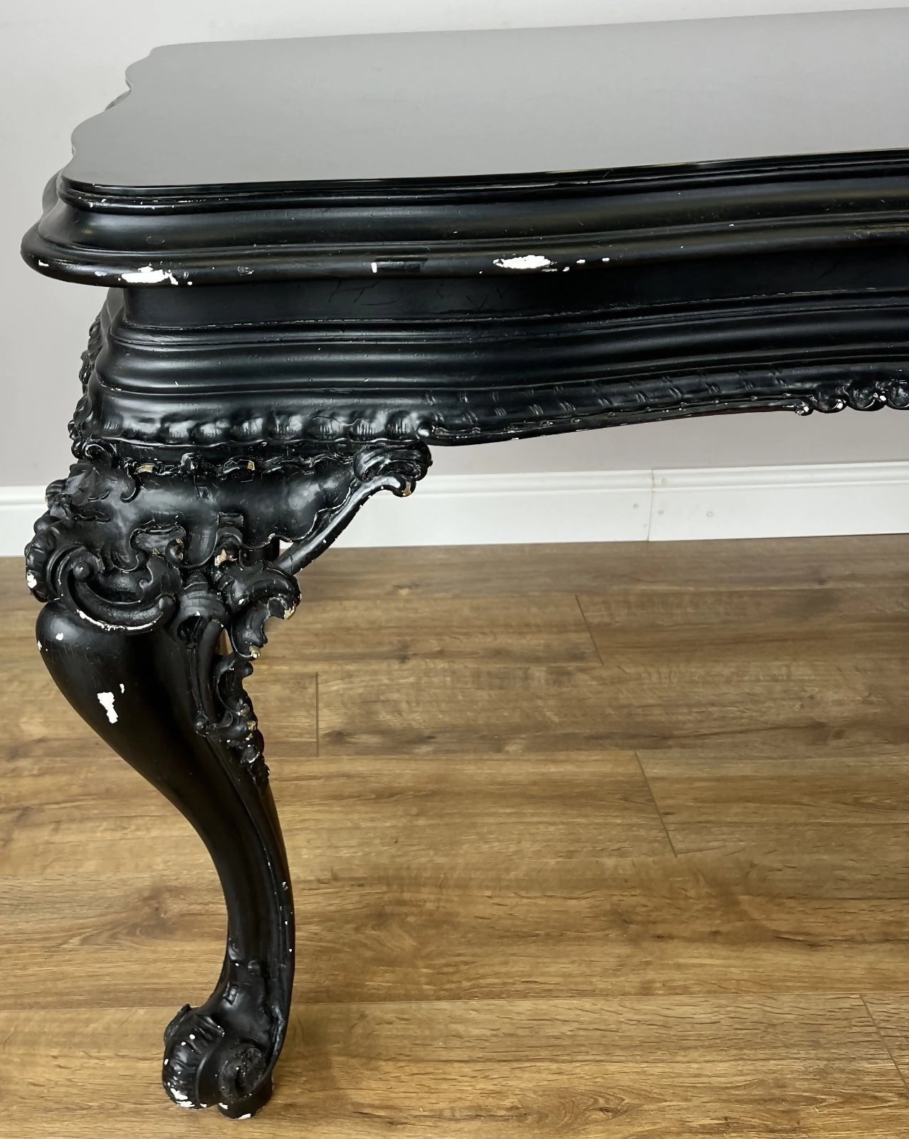 Double Sided Desk Antique French Style Black Painted Heavy Carved Table LOT 6186