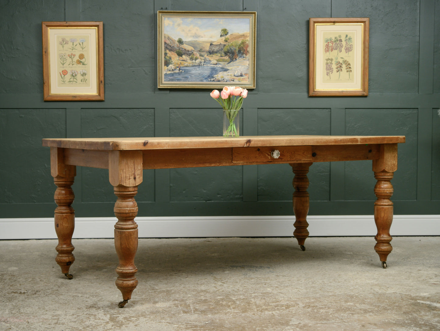 Vintage Pine Farmhouse Dining Table with Drawer on Castors - 6FT