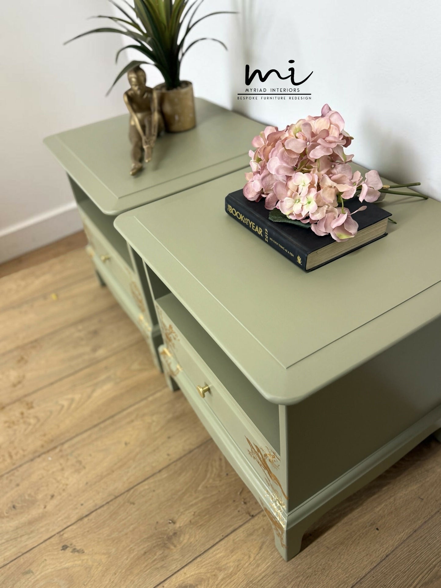 Stag Minstrel Bedside Tables In Pale Sage Green With Gold Foil Bird And Floral Design